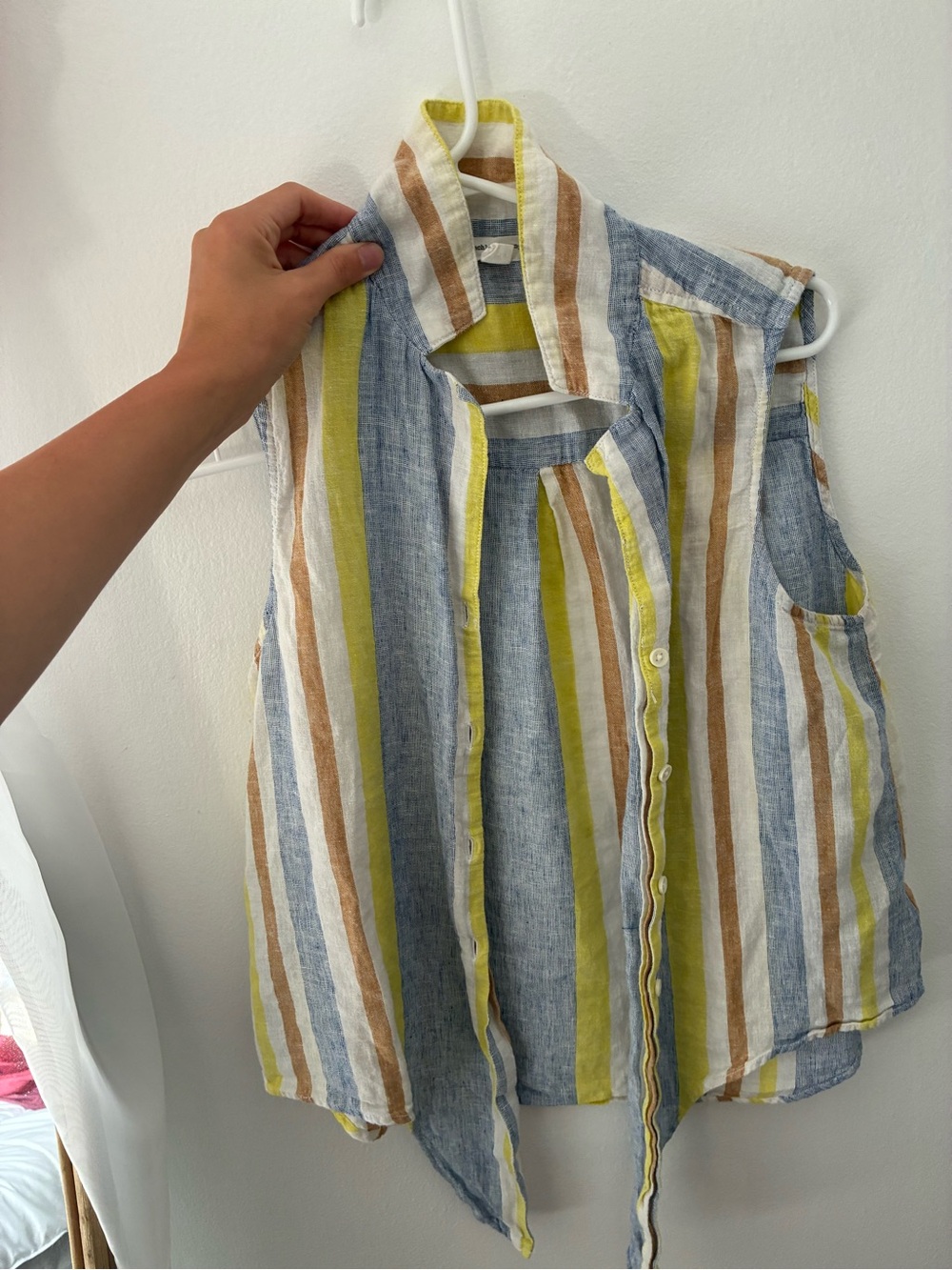BeachLunchLounge- Sleeveless Striped Button-Front Top - Yellow, Blue & Brown